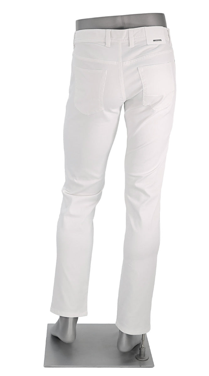 Alberto White pants on a mannequin with a gray waistband against a white background