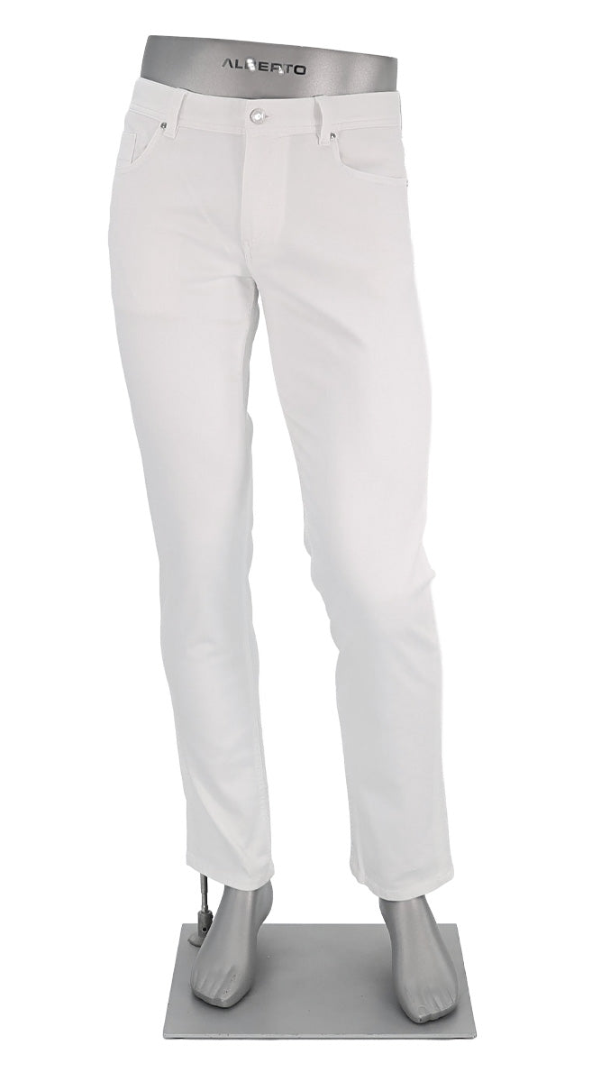Alberto White pants on a mannequin with a visible brand label against a white background